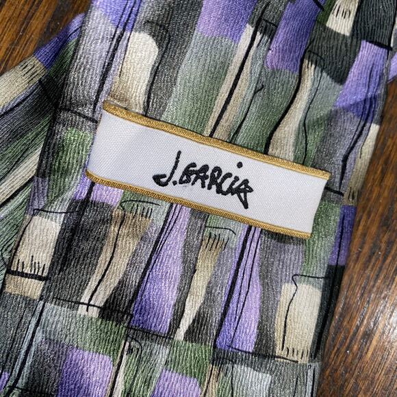 Jerry Garcia Tie 2005 Abstract Print in Green Tan  Lavender Silk Classic Necktie - Picture 4 of 7